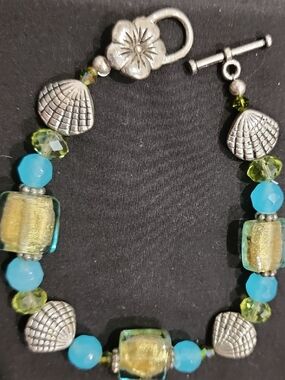 Handcrafted Silver-Tone Shell & Aqua Bead Seashell Bracelet
